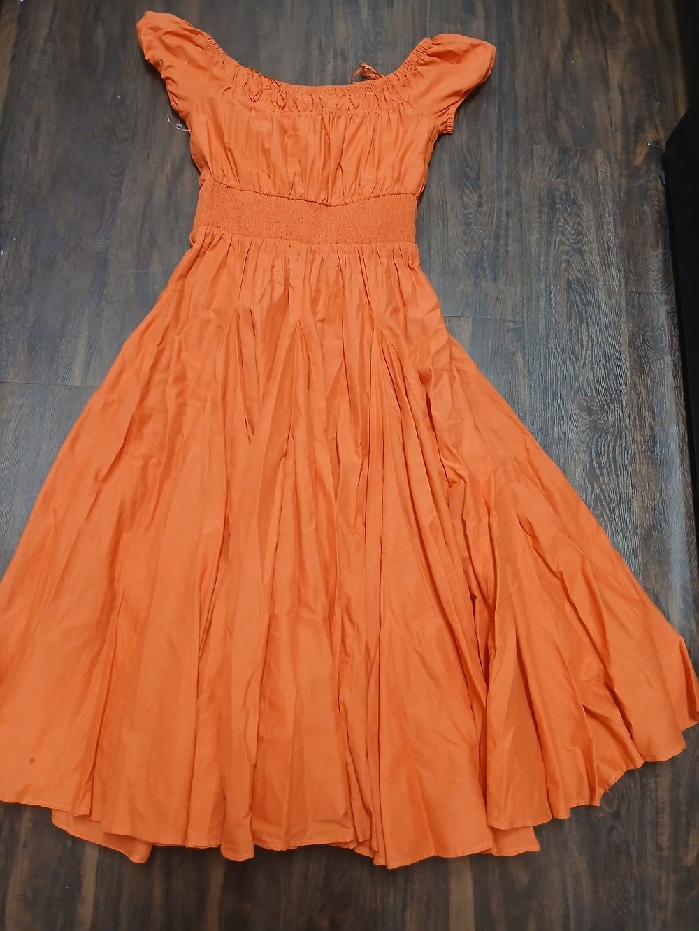 INC International Concepts Orange Smocked-Waist Midi Dress with Puff Sleeves - Picture 5 of 8